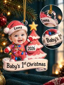 1pc Custom Baby's 1st Christmas Photo And Text Ornament, Personalized Glitter Santa Baby Outfit Keepsake Gift,Newborn First Christmas Memory - Multicolor - View 5