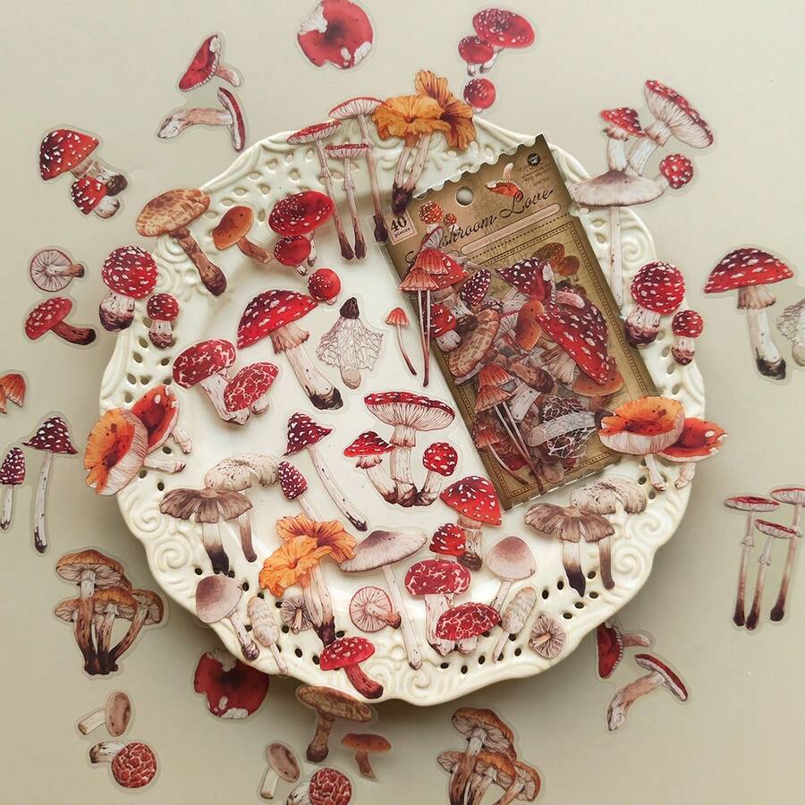 1 gói 40 miếng nhãn dán PET họa tiết nấm đỏ vintage dễ thương, vật liệu trang trí scrapbook - Một cỡ - Xem 1