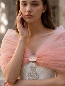 1pc Light Pink One Size Cold Shoulder Bridal Shawl, Short Tulle Wedding Shoulder Wrap, Bridal Photography Party Evening Dress Accessory - Light Pink - View 3