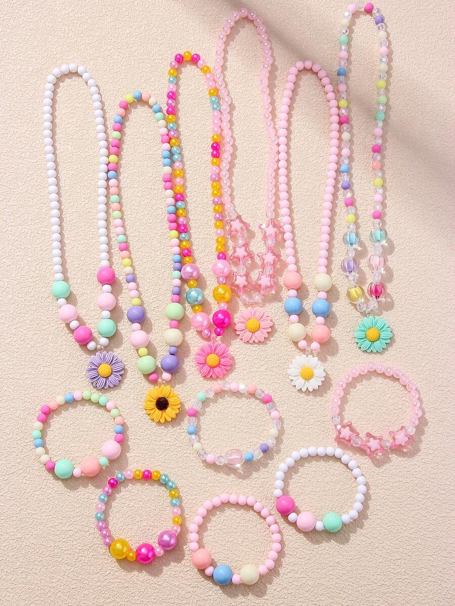 2Pcs Girls Flower Beaded Necklace Bracelet Set Random Color Kids Birthday Party Gift - Multicolor - View 1