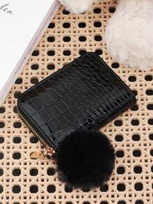 Fashionable Women's Animal Pattern Short Zipper Wallet, Adorned With A Delicate Pom-Pom, Suitable For Commuting And Shopping - Black - View 9