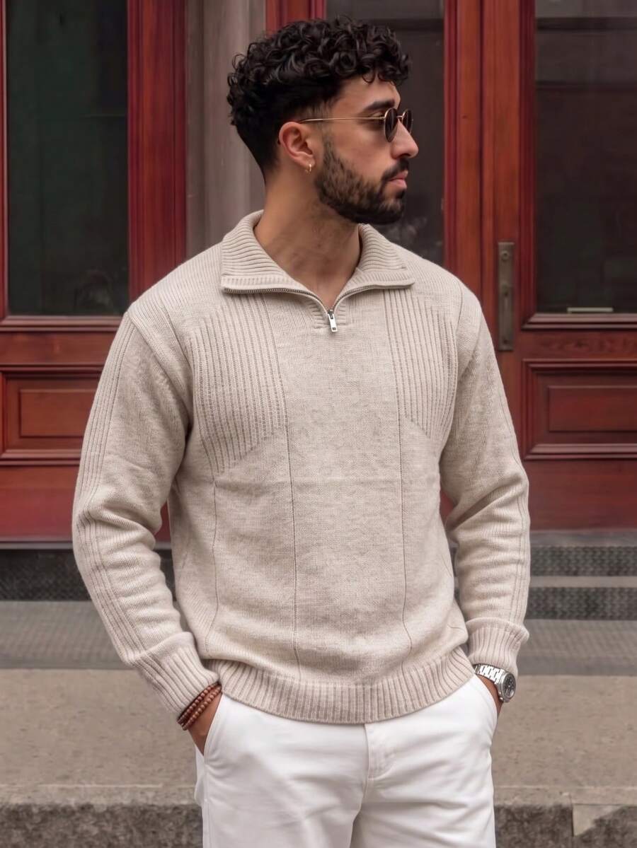 Lookun Men's Loose Straight Fit Mock Neck Knit Sweater, Casual Commute Daily Wear, Autumn/Winter - Apricot - View 1