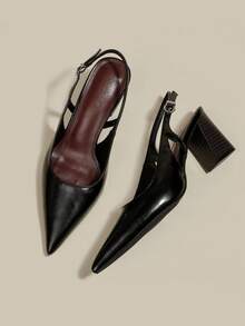 ManLuZi Women's Pointed Toe Black Chunky Heel High Heel Pumps Elegant Pointed Toe Formal High Heels Fashion Back Strap Slingback High Heels - Black - View 2