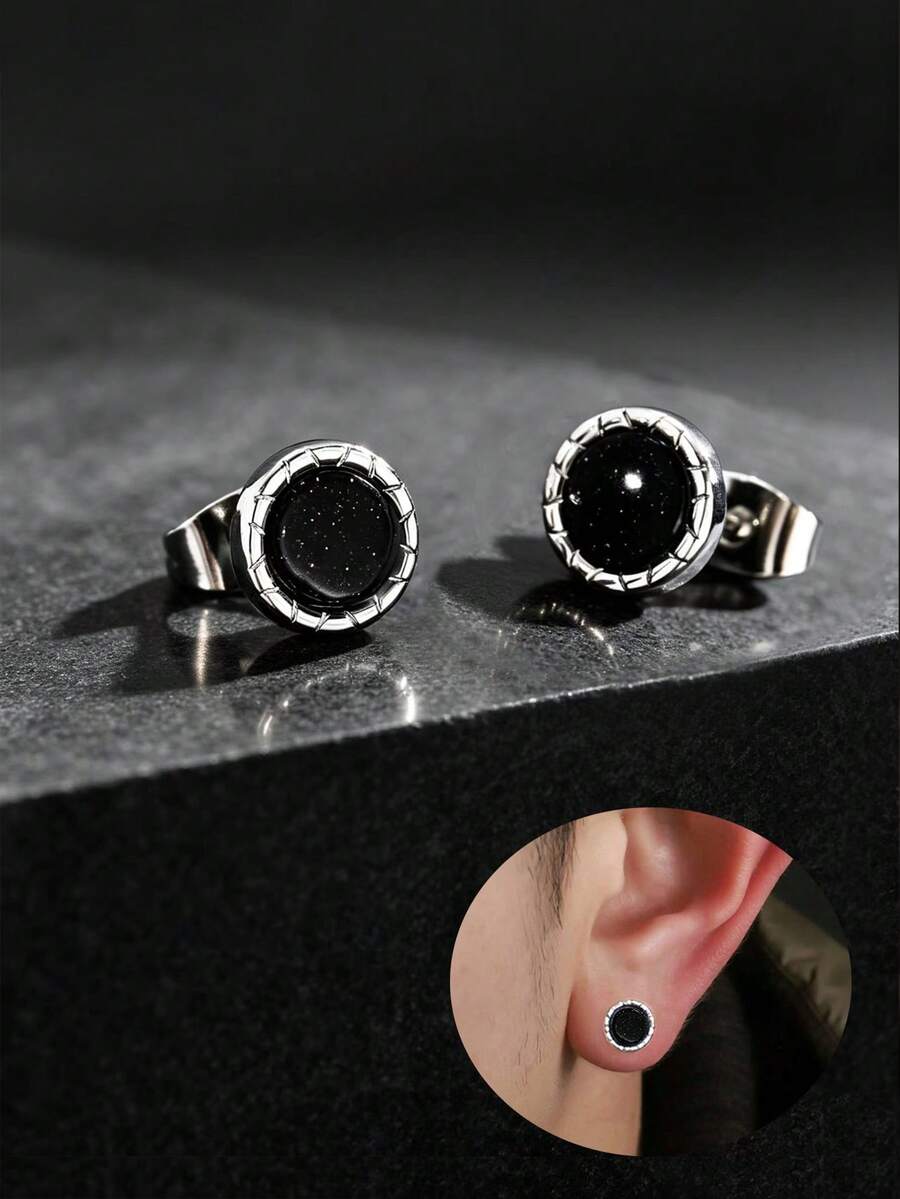 1 Pair Men's Round Black Starry Sky Sparkling Stud Earrings, Dark Punk Style Personalized Ear Jewelry, Suitable For Street Fashion, Travel, Party And Daily Wear - Silver - View 1