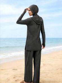 VFJ Pure Black Muslim Women's 3-Piece Burkini, Long Sleeve Wide Leg Full Coverage Conservative Islamic Swimwear, Includes One-Piece Hijab, Suitable For Beach Vacation - Black - View 4