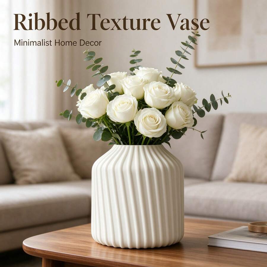 Krämvit kreativ diagonal texturerad 3D-printad liten vas, 3D-texturerad matt rundad smal blomhållare, modern minimalistisk nordisk heminredning för bokhylla och skrivbord, INS-stil premium - Vas - Visa 1