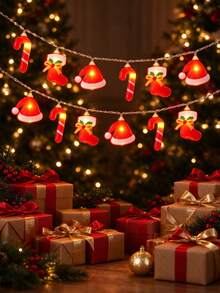 1pc Christmas Mixed String Lights, Featuring Santa Hat, Socks, Candy Cane-Shaped Fairy Lights. Battery-Powered. Suitable For Indoor Holiday Party Decoration And Christmas Tree Fireplace Decoration. - Mixed - View 8