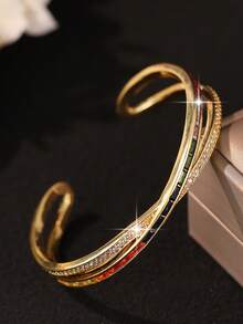 1pc Luxury X-Shape Colorful Cubic Zirconia Bangles Fashion Hollow Out Openable Bracelet For Women Daily Decoration Halloween Party Copper Jewelry Gift - Yellow Gold - View 6