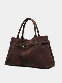 Women's Solid Color Suede Handbag With Buckle Strap, Large Capacity Casual Vintage Shoulder Bag, Suitable For Daily Work And Office - Coffee - View 5