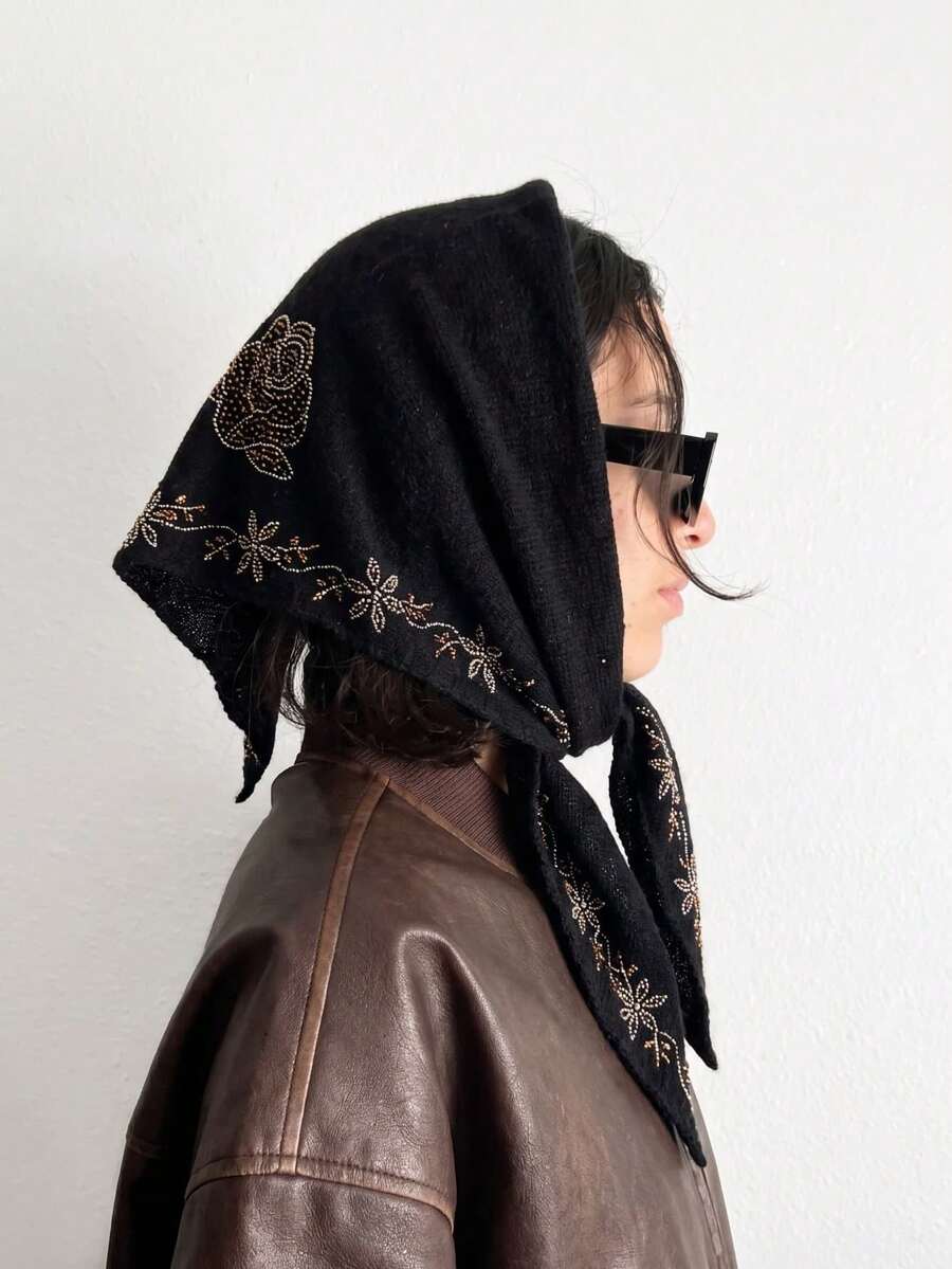 1PC Women's Gold Foil Floral Triangle Headscarf, Soft And Warm Headwrap Scarf, Suitable For Daily Wear, Party, Holiday, Travel And Photography - Black - View 1