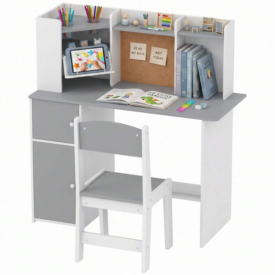 AIYAPLAY Kids Desk And Chair Set W/ Cabinets For Ages 5-12 Years, Grey - Grey - View 1