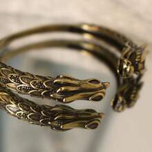 [Dark Gothic]Vintage Distressed Brass Dragon Head Bracelet, 3D Scale Split Open Cuff, Hardcore Punk Style Personalized Copper Jewelry - Brown - View 7