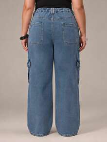 Plus Size Women's Loose Denim Cargo Pants, Washed Non-Stretch Wide Leg Jeans, With Pockets, Y2K Loose Fit Long Casual Trousers - Blue - View 2