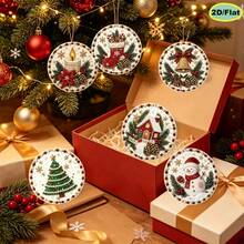 Set Of 6 DIY 5D Pearl Diamond Art Christmas Tree Ornaments, Round Shape Rhinestone Hanging Decorations, Snowman, Xmas Tree, House, Bell, Stocking, Candle Patterns, Holiday Handcraft Supplies For Christmas Decor & Gifts - Sets - View 7