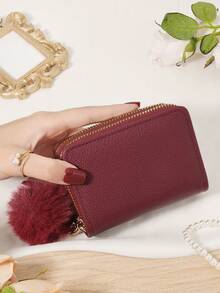 Fashion With A Pom Pom Charm, Women's Simple Wallet, Double Zipper Portable Short Bag, Large Capacity Multi Functional Card Bag Wallet - Burgundy - View 3