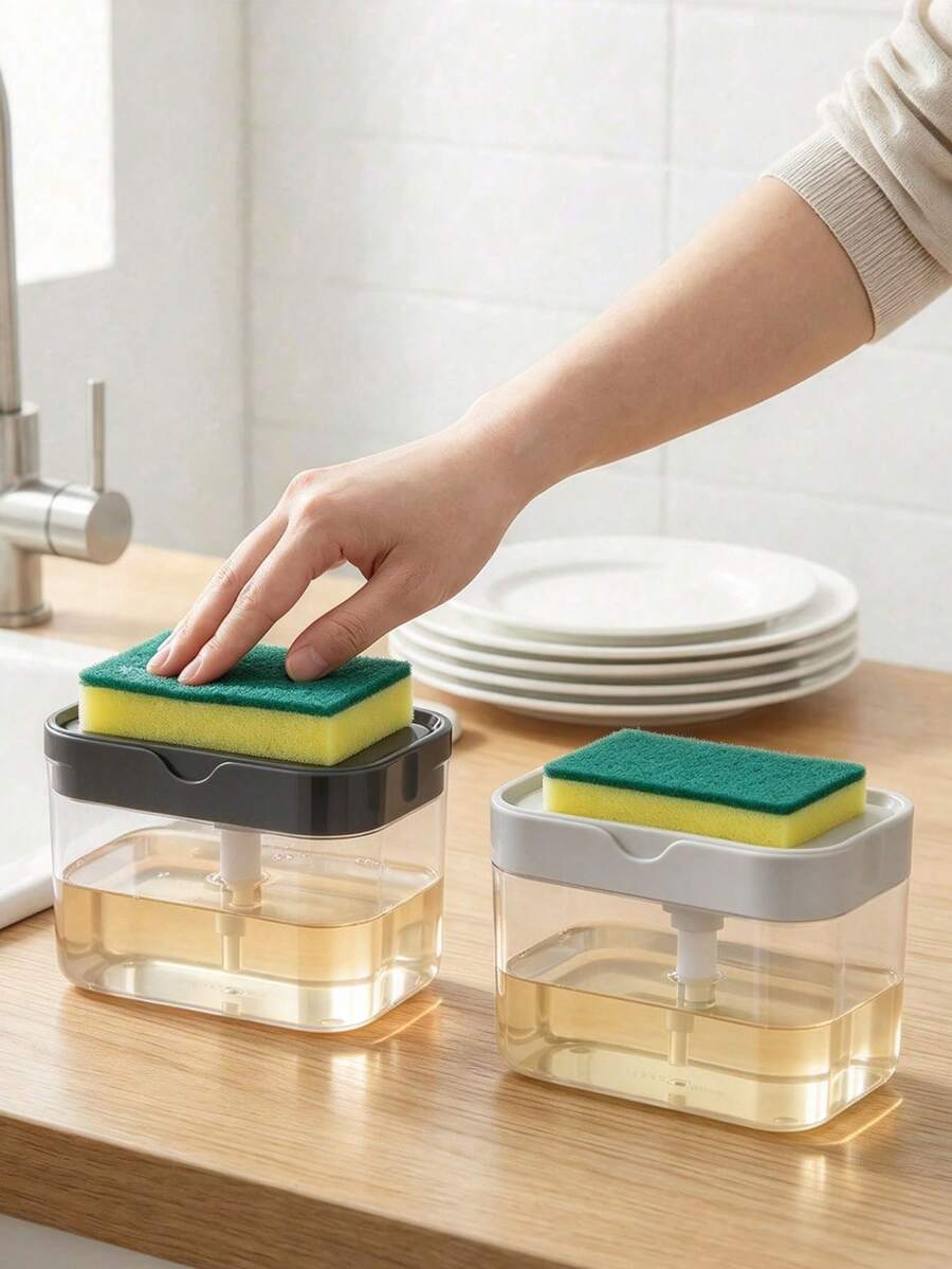 Kitchen Dish Soap Dispenser, Plastic Dish Soap Sponge Holder And Sponge, Dish Soap Dispenser, Dish Soap Dispenser Set, Suitable For Home Cleaning, Kitchen Accessories, Kitchen Storage, Bathroom Accessories, Cleaning Sponge - Multicolor - View 1