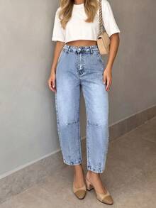 New Y2K Style Women's Cropped Straight Leg Jeans, Light Wash, Button Detail, Medium Stretch, Suitable For All Seasons - Medium Wash - View 1