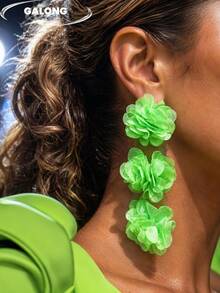 Bohemian Orange Mesh Floral Long Earrings, Lightweight Chiffon Dangle Earrings, Personalized Vintage Style - Lime Green - View 5