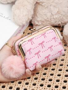 Fashionable Women's Pink Bow‑Print Kiss‑Lock Coin Purse, Fluffy Pom‑Pom Charm, Zipper Compartment, Suitable For Commuting And Shopping - Hot Pink - View 19