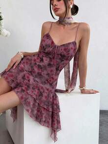 Halloween Dark Rose Ditsy Floral Spaghetti Strap Dress For Women, Heart Neckline Layered Ruffle Mesh Mini Skirt, Vintage Vibe Party Outfit - Multicolor - View 8