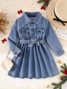 Girls Casual Urban Preppy Style Cute Sweet Collared Long Sleeve Denim Dress With Belt, Autumn Style, Suitable For Daily, Outdoor And Holiday Gatherings - Light Wash - View 2