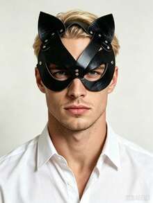 1 buah Topeng Kucing Kulit PU Lembut 3D untuk Pesta Karnaval Wanita, Kostum Cosplay Halloween - Hitam - View 6