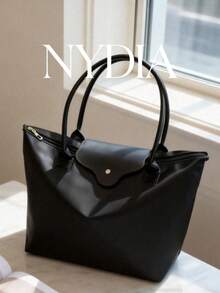 Black Minimalist Versatile Casual Solid Color Large Zipper Large Capacity Shoulder Tote Bag, Suitable For Women, Ideal For Shopping, Vacation, Work, Commuting, Business - Black - View 7