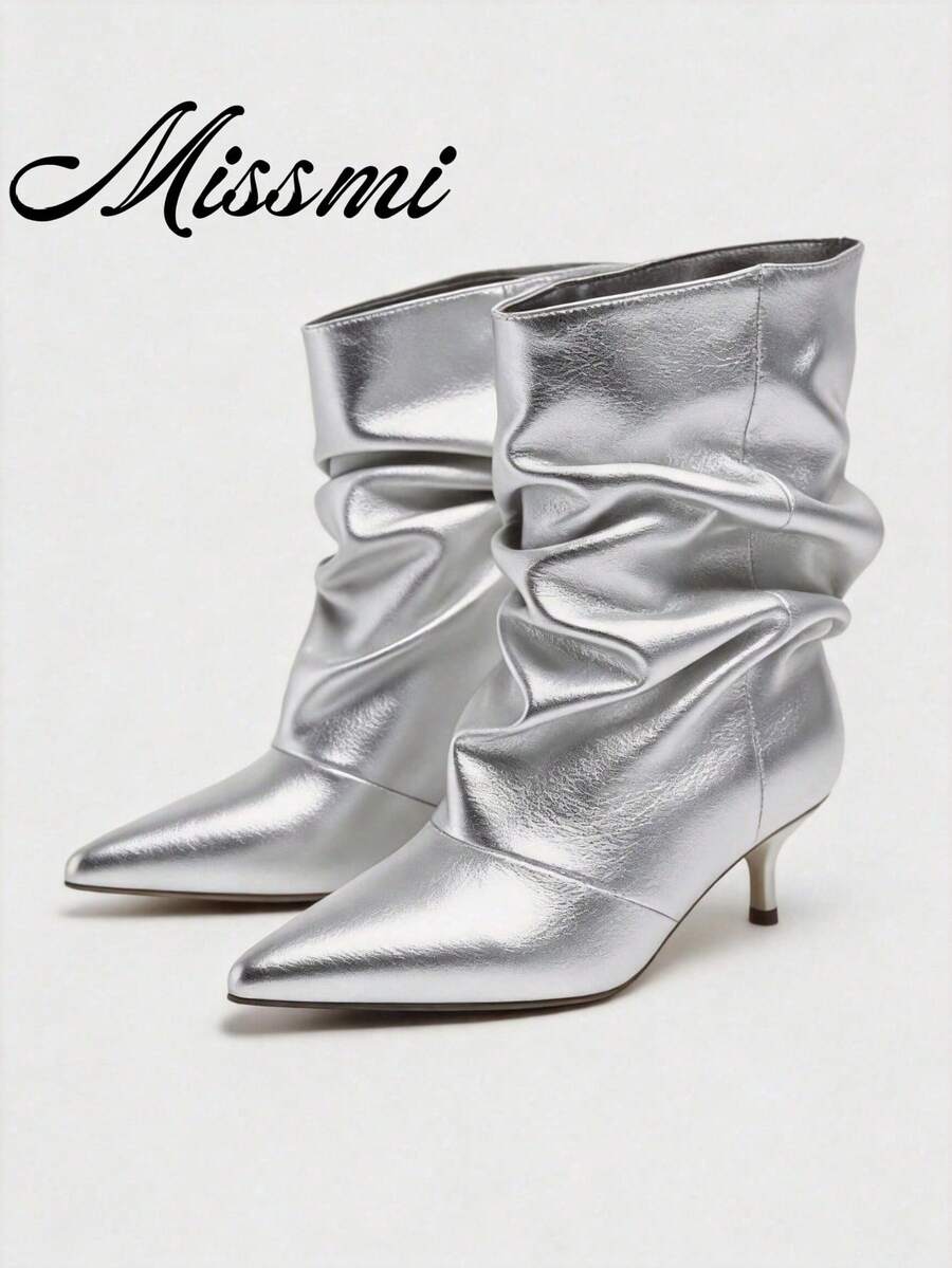 2026 New Kitten Heel Ruched Tall Stacked Boots Pointed Toe Over-The-Knee High Boots Vintage Wide Shaft Riding Boots - Silver - View 1