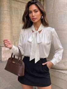 Elegant Satin Bowknot Blouse For Women, V-Neck Tie Long Sleeve Shirt, Smooth Drape With Luxury Texture, Suitable For Commute And Date, Minimalist Solid Color Versatile Slimming Top, French Chic All-Match Style - White - View 5