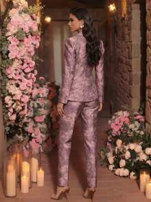 Setelan Blazer Lengan Panjang dan Celana Panjang Wanita Bermotif Kasual, 2 Potong, Bahan Tidak Melar - Mauve Purple - View 4