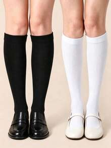1/2/3 Pairs Women's Solid Color Calf Socks, Classic Plain Ribbed Cuff Knee-High Socks, Soft Comfortable Preppy Style Long Socks, Suitable For Uniform And Daily Wear - Multicolor - View 1