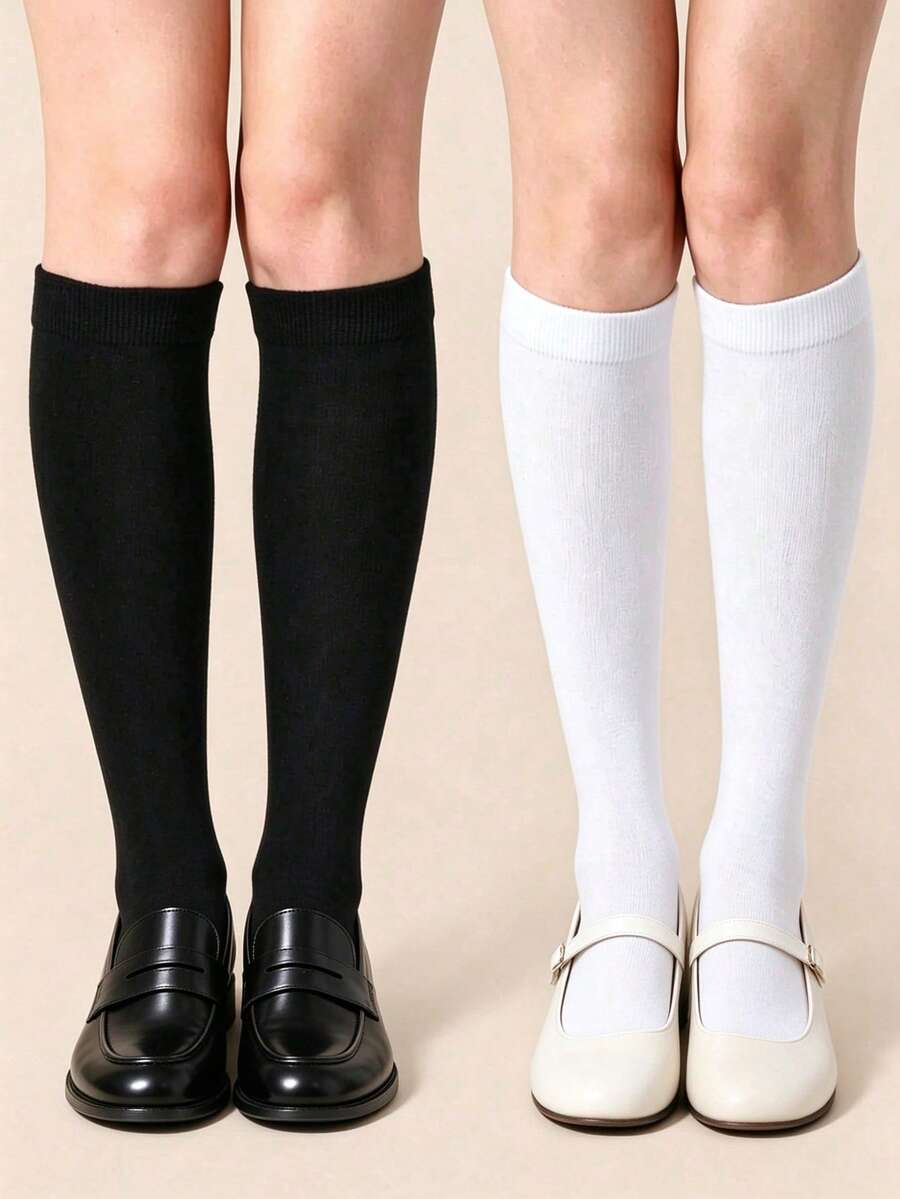 1/2/3 Pairs Women's Solid Color Calf Socks, Classic Plain Ribbed Cuff Knee-High Socks, Soft Comfortable Preppy Style Long Socks, Suitable For Uniform And Daily Wear - Multicolor - View 1