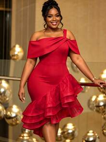Glamorous Women Plus Ize Red Off Shoulder Cold Shoulder Bodycon Mini Dress High Waist Tiered Ruffle Hem Evening Party Wedding Guest Gown - Red - View 3