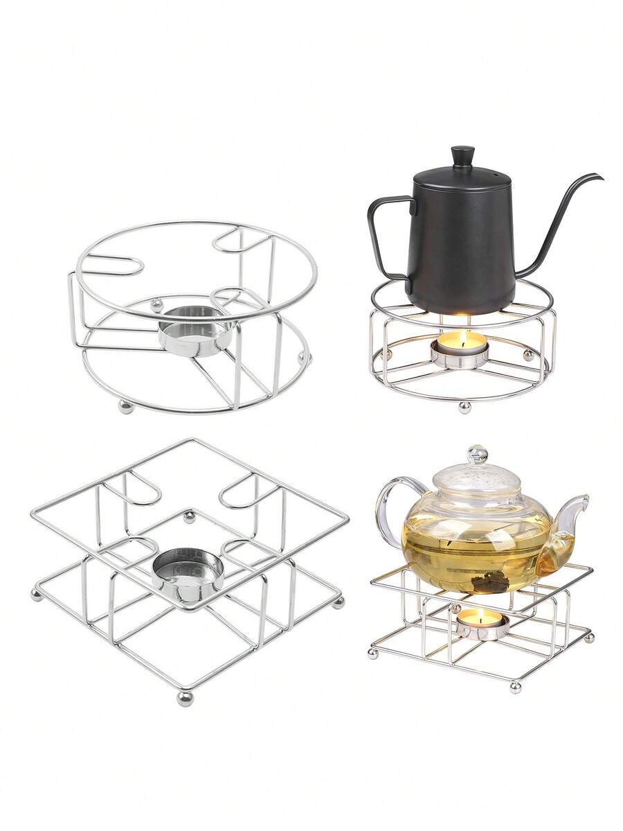 1pc Iron Tea Kettle Heating Base With Candle Holder (Candle Not Included), Round And Square Hollow Metal Tea Warmer Rack, Suitable For Glass Teapot And Coffee Pot, Home Afternoon Tea Accessory - Multicolor - View 1