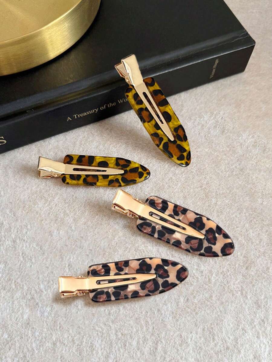 4/2pcs Minimalist Versatile Elegant Coffee Color Leopard Print Seamless Duckbill Hair Clips