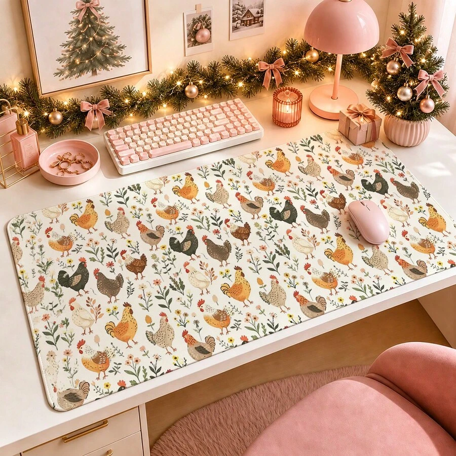 1pc Farm Chicken Floral Desk Mat, Cute Hen Rooster Botanical Print Large Table Mat, Non Slip Desktop Protector For Home Office Decor - View 1