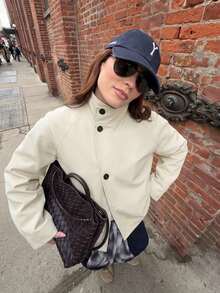 Contrast Color Lapel Double-Breasted Women's Loose Long Sleeve Solid Color Street Style Coat - Apricot - View 6