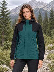 Women's Black & Dark Green Colorblock Hooded Jacket, Adjustable Drawstring Hood, Front Zipper Outdoor Hiking Sports Jacket - Dark Green - View 1
