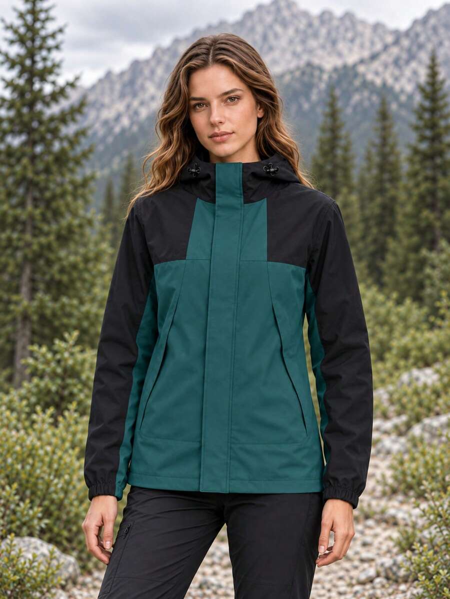 Women's Black & Dark Green Colorblock Hooded Jacket, Adjustable Drawstring Hood, Front Zipper Outdoor Hiking Sports Jacket - Dark Green - View 1