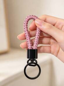 Sakura Pink Braided Leather Keychain, Gun Black Matte Hardware With Rotatable Design, Paired With Dual Spare Key Rings, Durable Anti-Loss High-Quality Texture, Minimalist Versatile, Suitable For Car Keys, Bags, Commuting And Daily Use - Pink Braided Buckle - View 6
