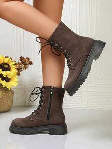 Women's Lace-Up Ankle Boots With Thick Sole And Chunky Heel For Autumn/Winter Daily Commute - Coffee Brown - View 3