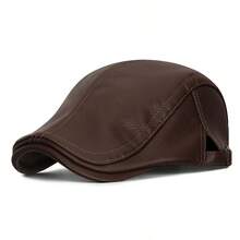 1pc Autumn/Winter Reversible American Vintage Style Faux PU Lychee Grain Leather Forward Cap With Fleece Lining, Warm Adjustable Baseball Cap - A - View 7