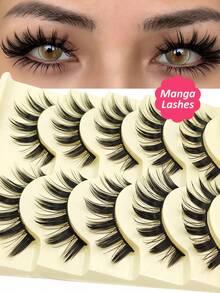 Sibeuna 5 Pairs Manga Lashes - Full Strip, Wispy & Thick, Cartoon Style Spiky Manga Lashes Natural Doll Eye Look For Autumn Beginner Cosplay & Parties - Black - View 1