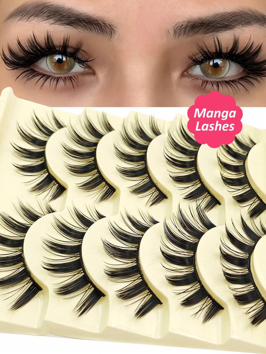 Sibeuna 5 Pairs Manga Lashes - Full Strip, Wispy & Thick, Cartoon Style Spiky Manga Lashes Natural Doll Eye Look For Autumn Beginner Cosplay & Parties - Black - View 1