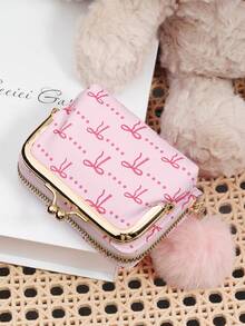 Fashionable Women's Pink Bow‑Print Kiss‑Lock Coin Purse, Fluffy Pom‑Pom Charm, Zipper Compartment, Suitable For Commuting And Shopping - Hot Pink - View 7