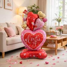 150cm Standing Heart-Shaped Foil Balloon Column, Multi-Layer 3D Stacked Heart Design, Red Pink Gold Color Scheme With Cupid Arrow, Suitable For Valentine's Day, Proposal Ceremony, Couple Anniversary, Store Display, Confession Photo Backdrop Decoration - Multicolor - View 5