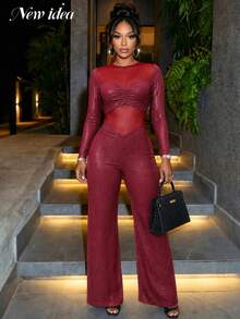 NEW IDEA Women's Sexy Edgy Burgundy Fall Winter Jumpsuit, Mesh Panel Long Sleeve Flared Leg Jumpsuit For Night Out, Club, Party, Cocktail - Burgundy - View 1
