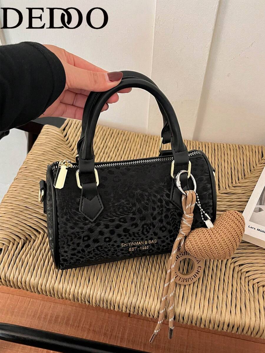 Dedoo 迷你手提包 豹紋 PU皮革 金屬拉鍊 手提式 時尚復古 約會外出女包（無吊飾）