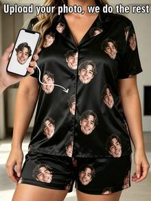 2pcs Plus Size Customized Face Photo Women's Lapel Short Sleeve Shorts Pajama Set, Personalized Girlfriend Gift - Multicolor - View 1