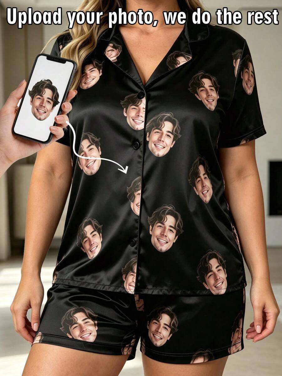 2pcs Plus Size Customized Face Photo Women's Lapel Short Sleeve Shorts Pajama Set, Personalized Girlfriend Gift - Multicolor - View 1